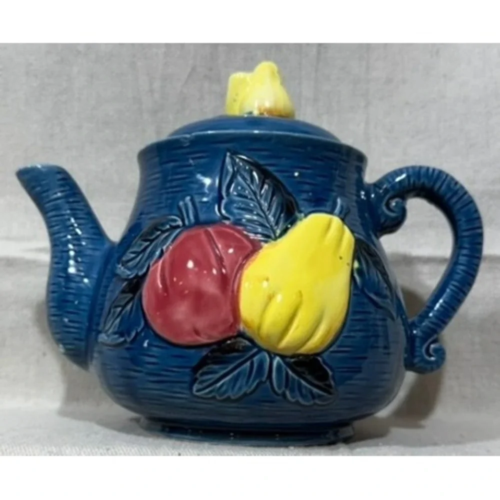 Vintage Cobalt Blue Ceramic Teapot Fruit Relief Apple Pear Made in Japan 7x8